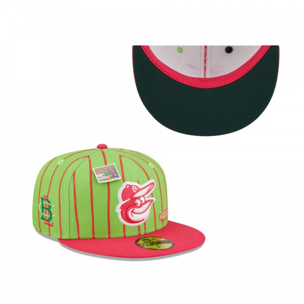Men's Baltimore Orioles New Era Pink Green MLB X Big League Chew Wild Pitch Watermelon Flavor Pack 59FIFTY Fitted Hat