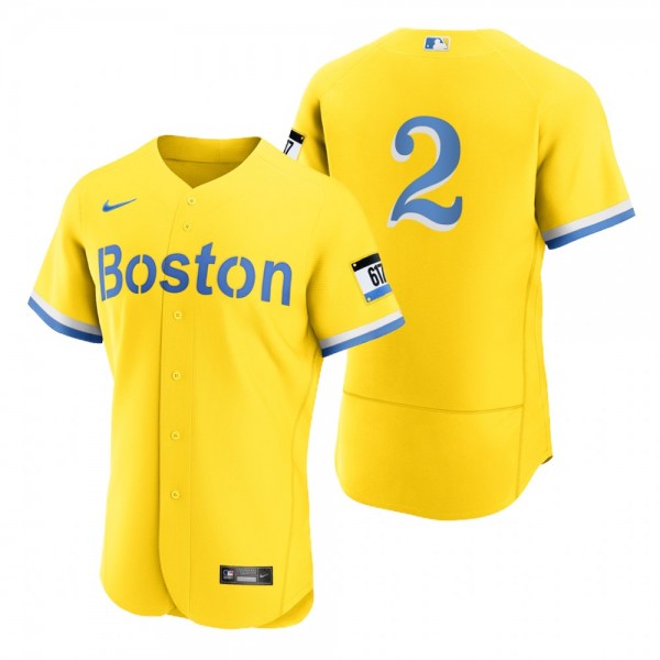 Men's Boston Red Sox Xander Bogaerts Gold Light Blue 2021 City Connect Authentic Jersey