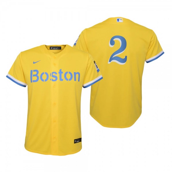 Youth Boston Red Sox Xander Bogaerts Nike Gold Light Blue 2021 City Connect Replica Jersey