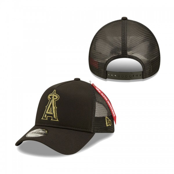 Los Angeles Angels New Era X Alpha Industries A-Frame 9FORTY Trucker Snapback Hat Black