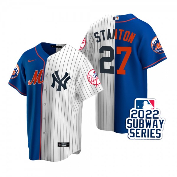 New York Yankees Giancarlo Stanton Royal White 2022 Subway Series Split Jersey
