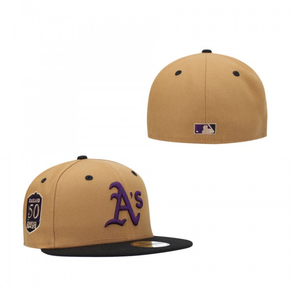 Oakland Athletics New Era 50th Anniversary Purple Undervisor 59FIFTY Fitted Hat - Tan Black