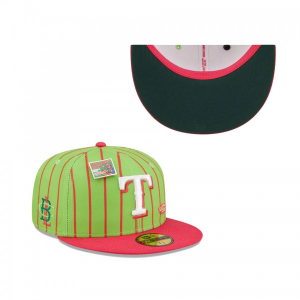 Men's Texas Rangers New Era Pink Green MLB X Big League Chew Wild Pitch Watermelon Flavor Pack 59FIFTY Fitted Hat