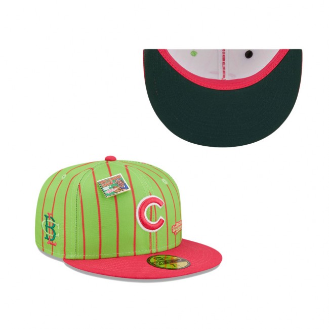 Men's Chicago Cubs New Era Pink Green MLB X Big League Chew Wild Pitch Watermelon Flavor Pack 59FIFTY Fitted Hat