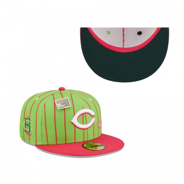 Men's Cincinnati Reds New Era Pink Green MLB X Big League Chew Wild Pitch Watermelon Flavor Pack 59FIFTY Fitted Hat
