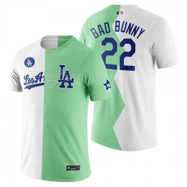 Los Angeles Dodgers Bad Bunny White Green 2022 MLB All-Star Celebrity Softball Game Split T-Shirt
