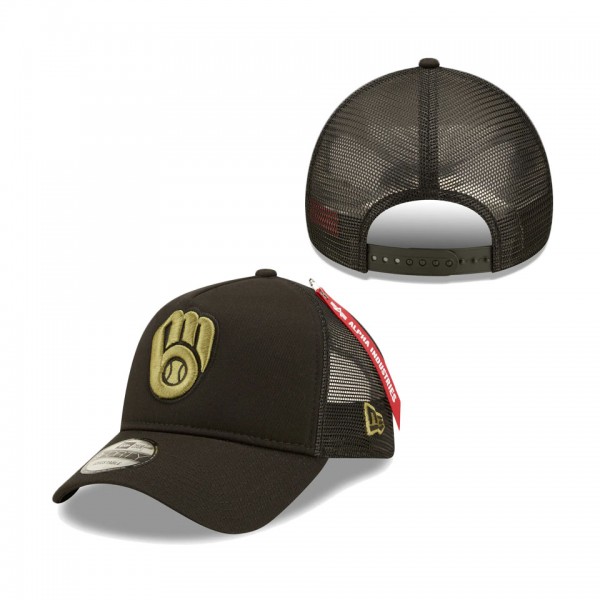 Milwaukee Brewers New Era X Alpha Industries A-Frame 9FORTY Trucker Snapback Hat Black
