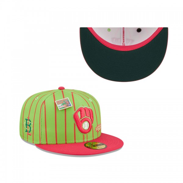 Men's Milwaukee Brewers New Era Pink Green MLB X Big League Chew Wild Pitch Watermelon Flavor Pack 59FIFTY Fitted Hat