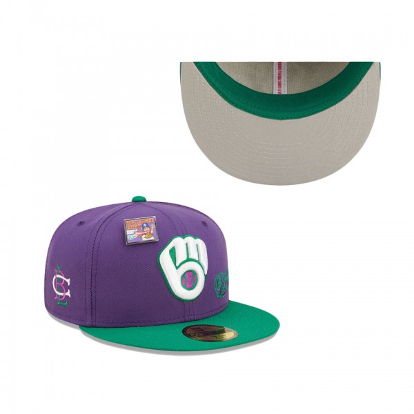 Men's Milwaukee Brewers New Era Purple Green MLB X Big League Chew Ground Ball Grape Flavor Pack 59FIFTY Fitted Hat