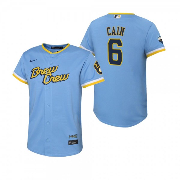 Youth Milwaukee Brewers Lorenzo Cain Nike Powder Blue 2022 City Connect Replica Jersey