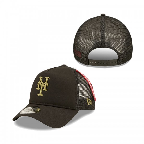 New York Mets New Era X Alpha Industries A-Frame 9FORTY Trucker Snapback Hat Black