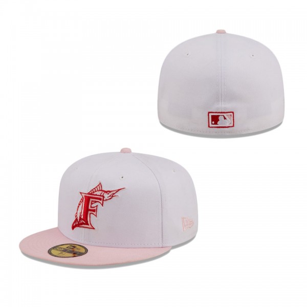 Men's Florida Marlins New Era White Pink Cooperstown Collection Scarlet Undervisor 59FIFTY Fitted Hat